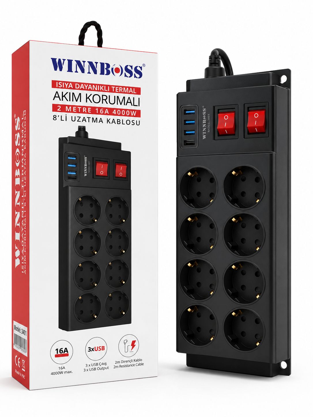 WINNBOSS 2 USBLİ 8Lİ AKIM KORUMALI PRİZ  KL:30